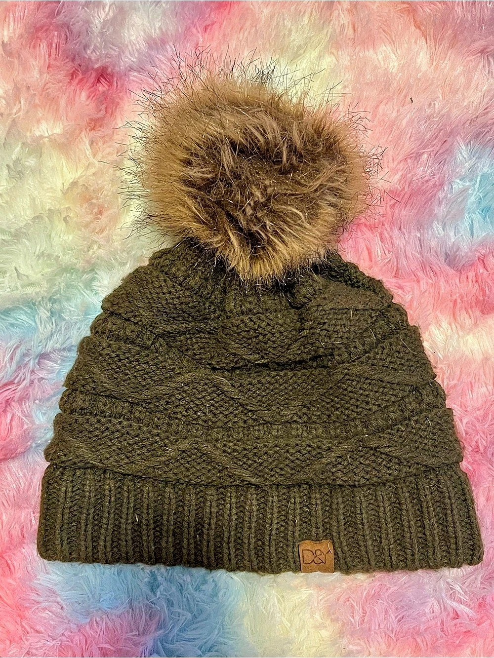 C.C Cable Knit Beanie with Faux Fur Pom Knit Pom Beanie in Olive Green